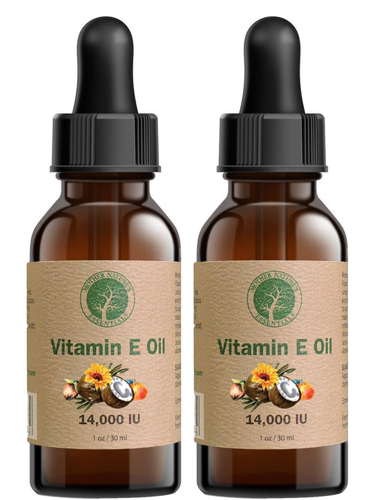 Mother Nature's Essentials Vitamin E Oil ingredients label shown on packaging supports transparent, plant-based care.