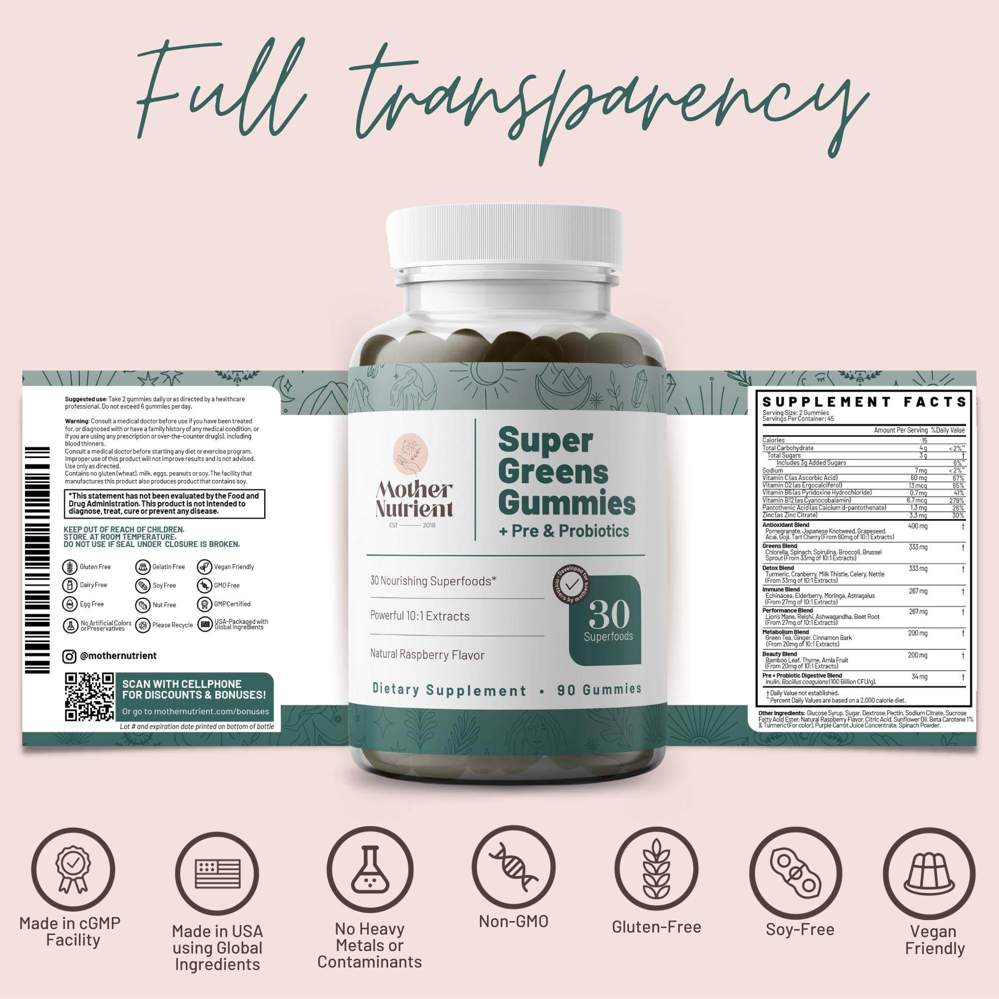 Mother Nutrient prebiotics probiotics icon highlights digestive-support benefits in a tasty chew.
