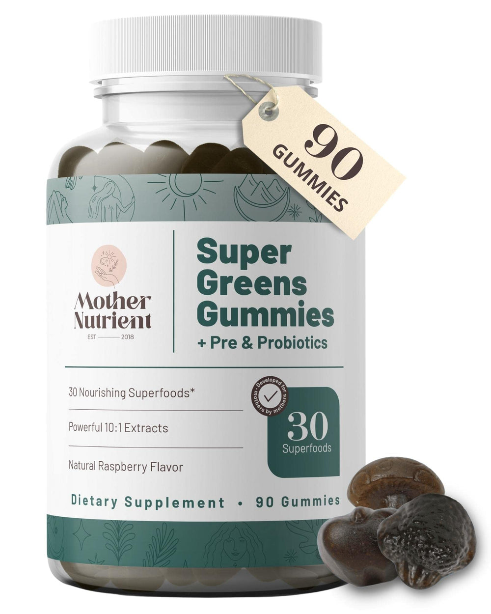 Mother Nutrient Super Greens Gummies bottle front, convenient daily wellness option for busy lifestyles.