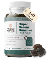 Mother Nutrient Super Greens Gummies bottle front, convenient daily wellness option for busy lifestyles.