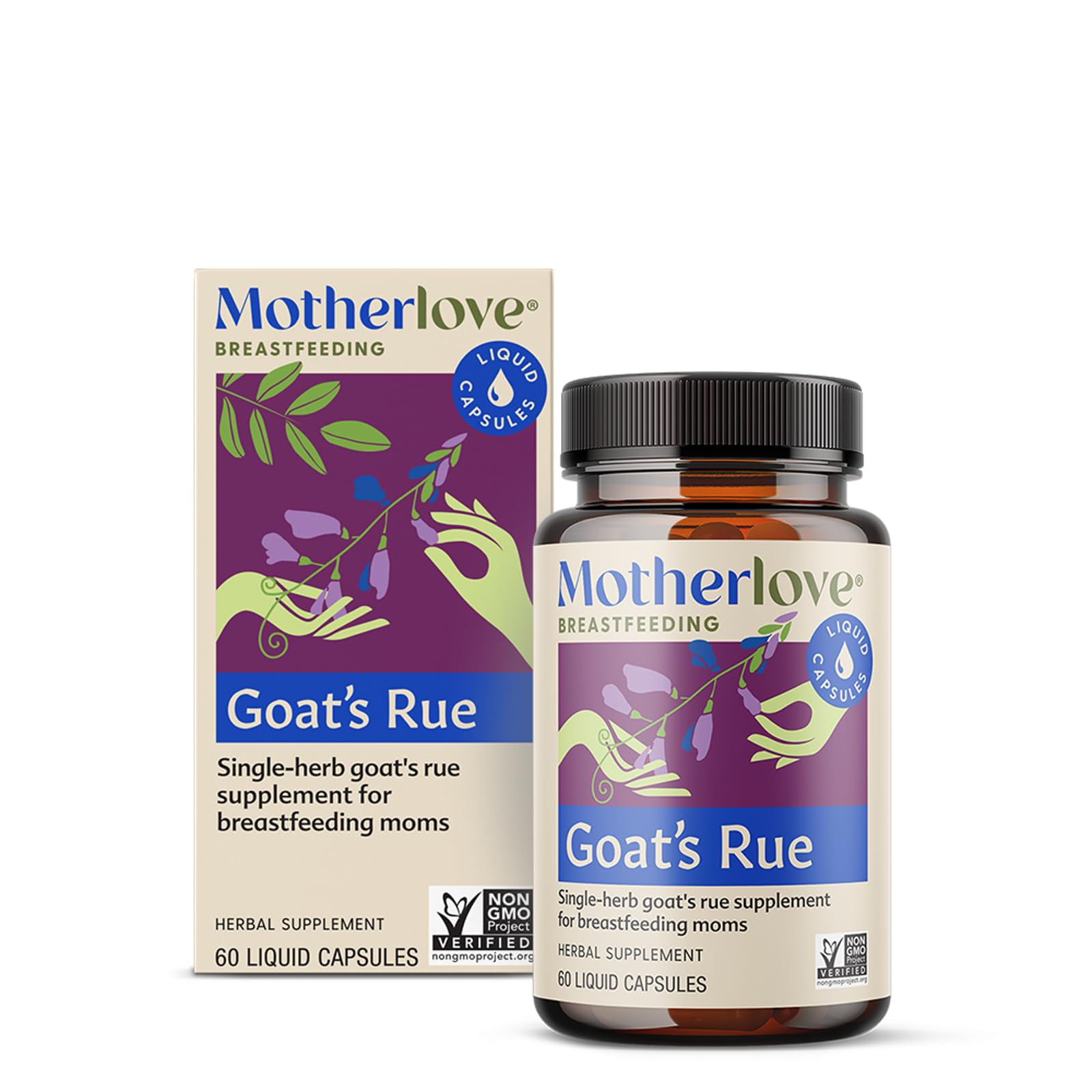 Motherlove Goat’s Rue bottle front view, highlighting organic, vegan lactation support.