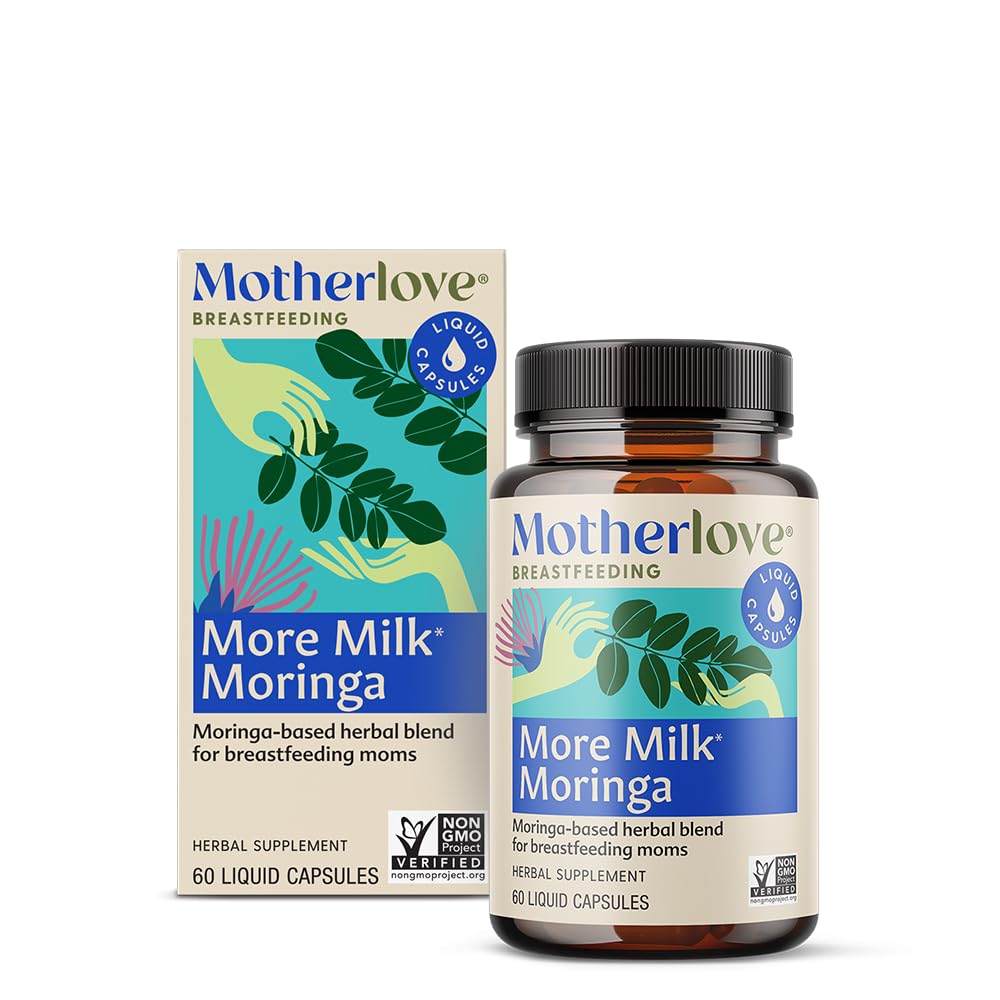 Motherlove More Milk Moringa bottle front shows organic, vegan lactation support.