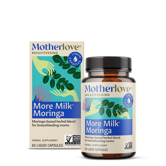 Motherlove More Milk Moringa bottle front shows organic, vegan lactation support.