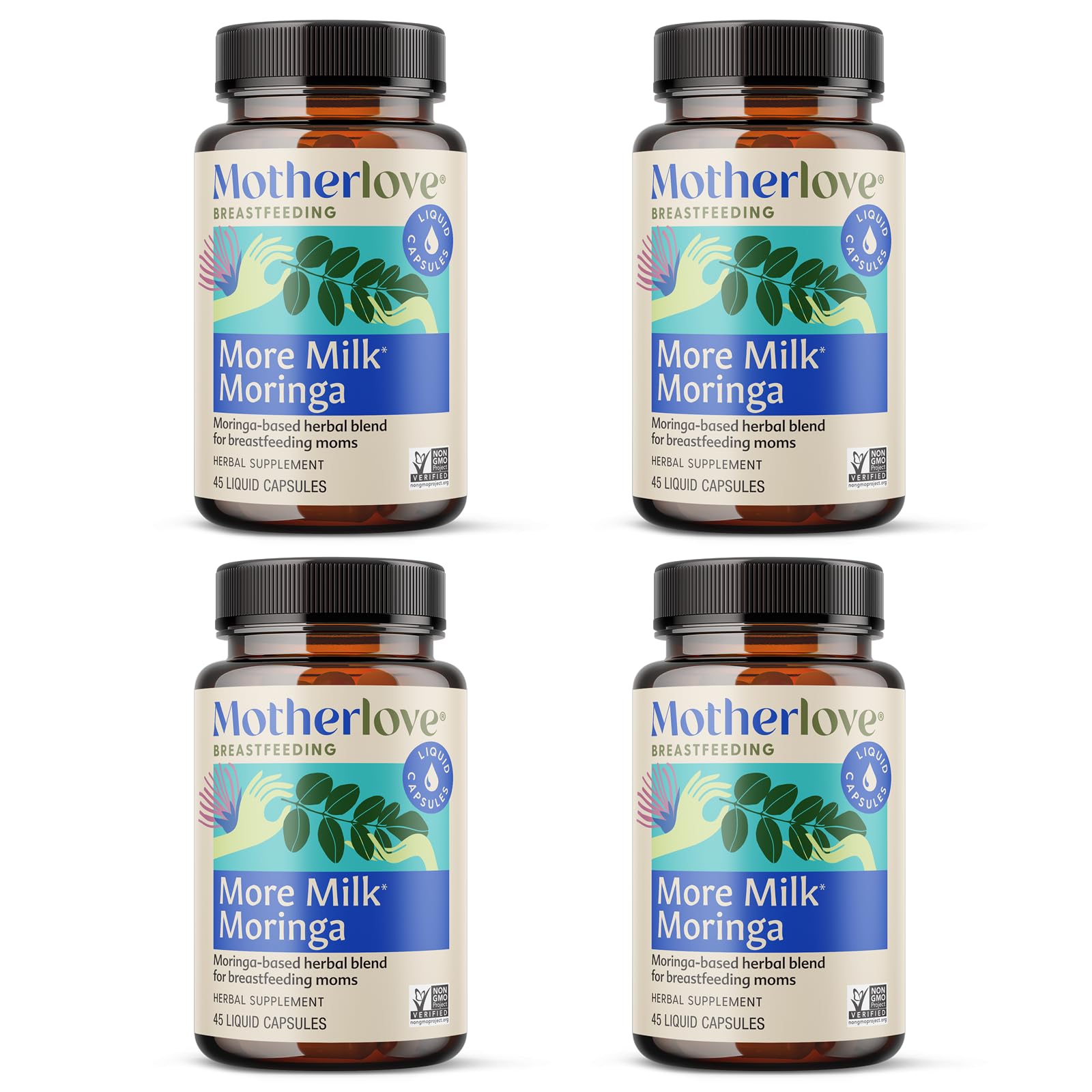 Motherlove More Milk Moringa bottle showing organic herb blend for potential lactation support.