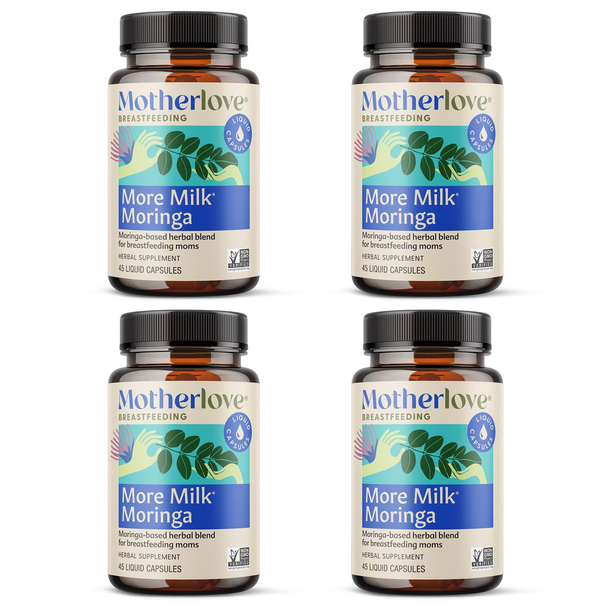 Motherlove More Milk Moringa bottle showing organic herb blend for potential lactation support.