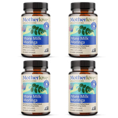 Motherlove More Milk Moringa bottle showing organic herb blend for potential lactation support.