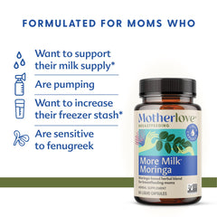 Motherlove More Milk Moringa capsules close-up, fenugreek-free option