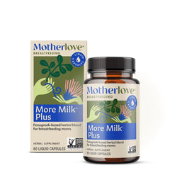 Motherlove More Milk Plus bottle label, highlighting herbal lactation support.