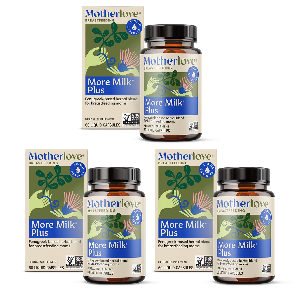 Motherlove More Milk Plus bottle visual promoting gentle lactation support and routine use
