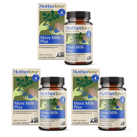 Motherlove More Milk Plus bottle visual promoting gentle lactation support and routine use