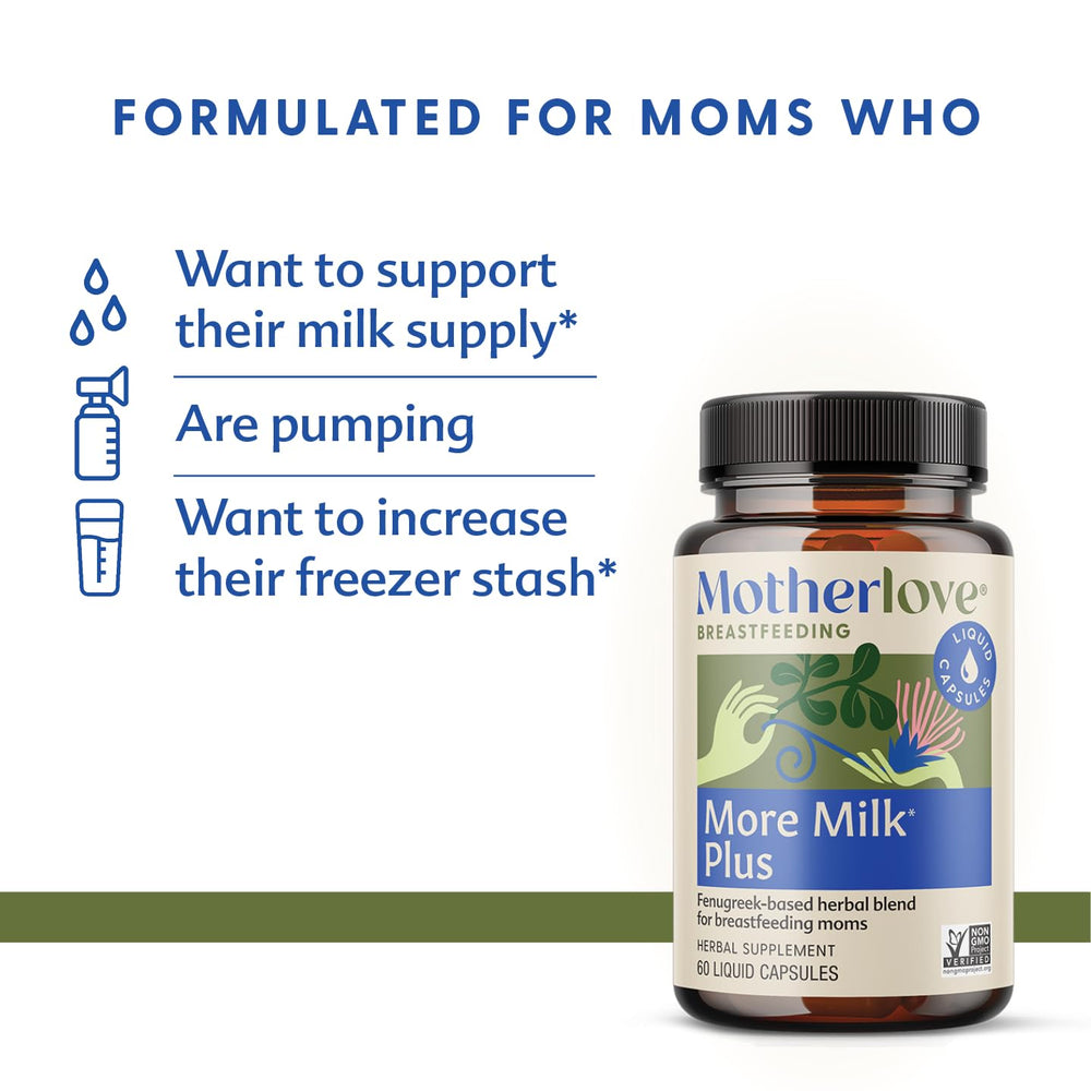 Motherlove More Milk Plus capsules inside bottle, a convenient taste-free daily supplement.