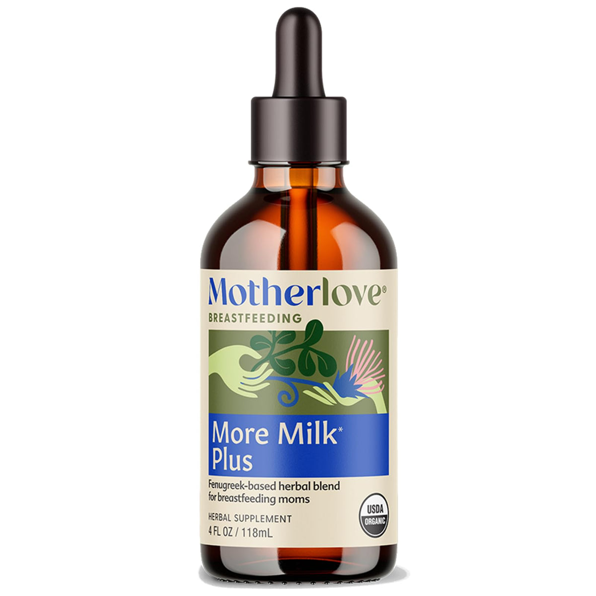 Motherlove More Milk Plus tincture bottle with dropper for easy dosing.