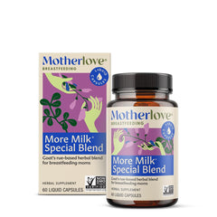 Motherlove More Milk Special Blend bottle shown for lactation support with herbal formula