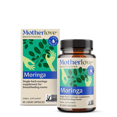 Motherlove Moringa bottle front showing organic, vegan lactation support