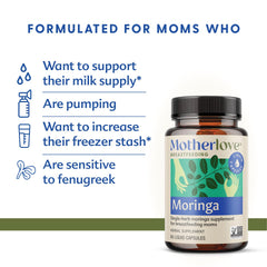 Motherlove Moringa bottle label closeup highlighting organic ingredients