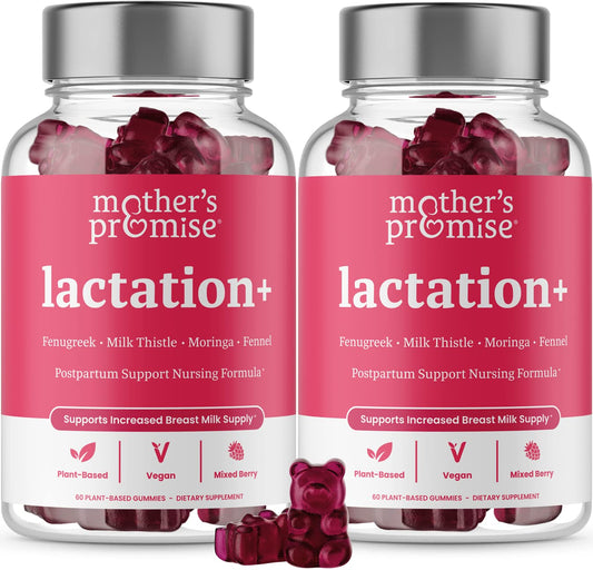 Mother's Promise Lactation Gummies bottle on counter supports natural milk supply
