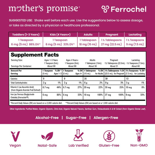 Mother’s Promise liquid iron label closeup showing Ferrochel formula and ingredients