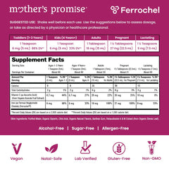 Mother’s Promise liquid iron label closeup showing Ferrochel formula and ingredients