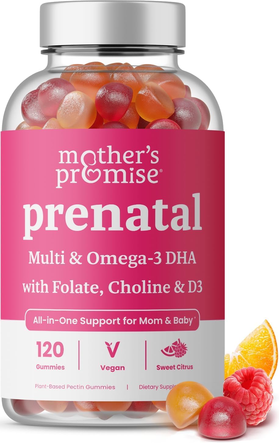 Mother's Promise Prenatal DHA bottle on a counter supports daily prenatal nutrition.