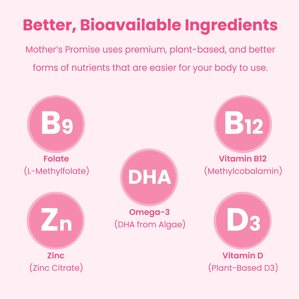 Label close-up of Mother's Promise Prenatal DHA showing vegan ingredients.