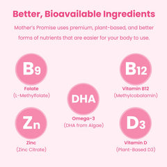 Label close-up of Mother's Promise Prenatal DHA showing vegan ingredients.