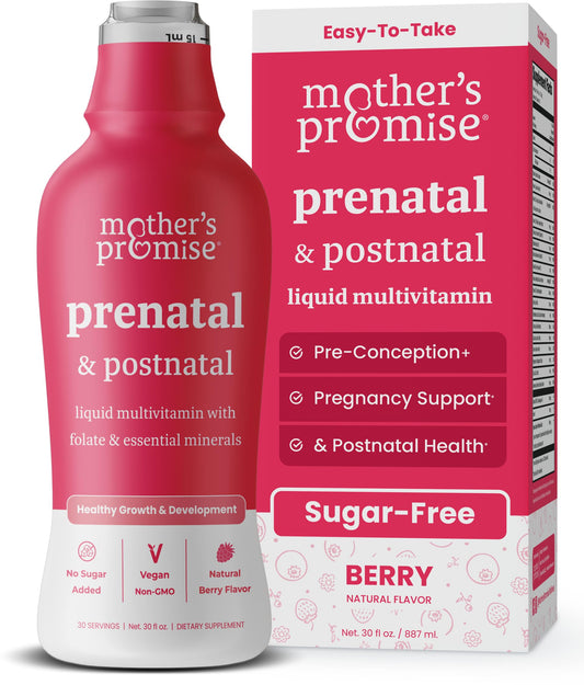 Mother's Promise prenatal liquid bottle ready for daily use with berry flavor.