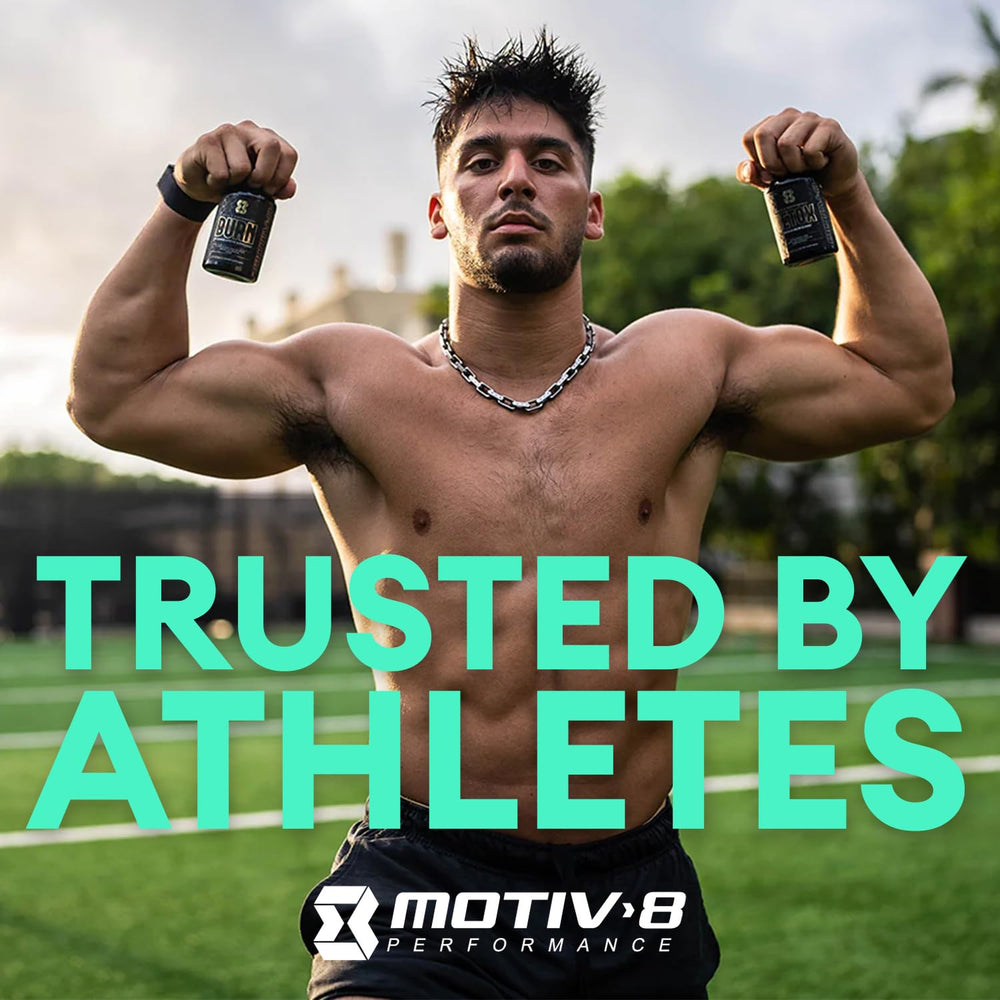 Motiv-8 capsules closeup suitable for easy daily pre-workout use and energy
