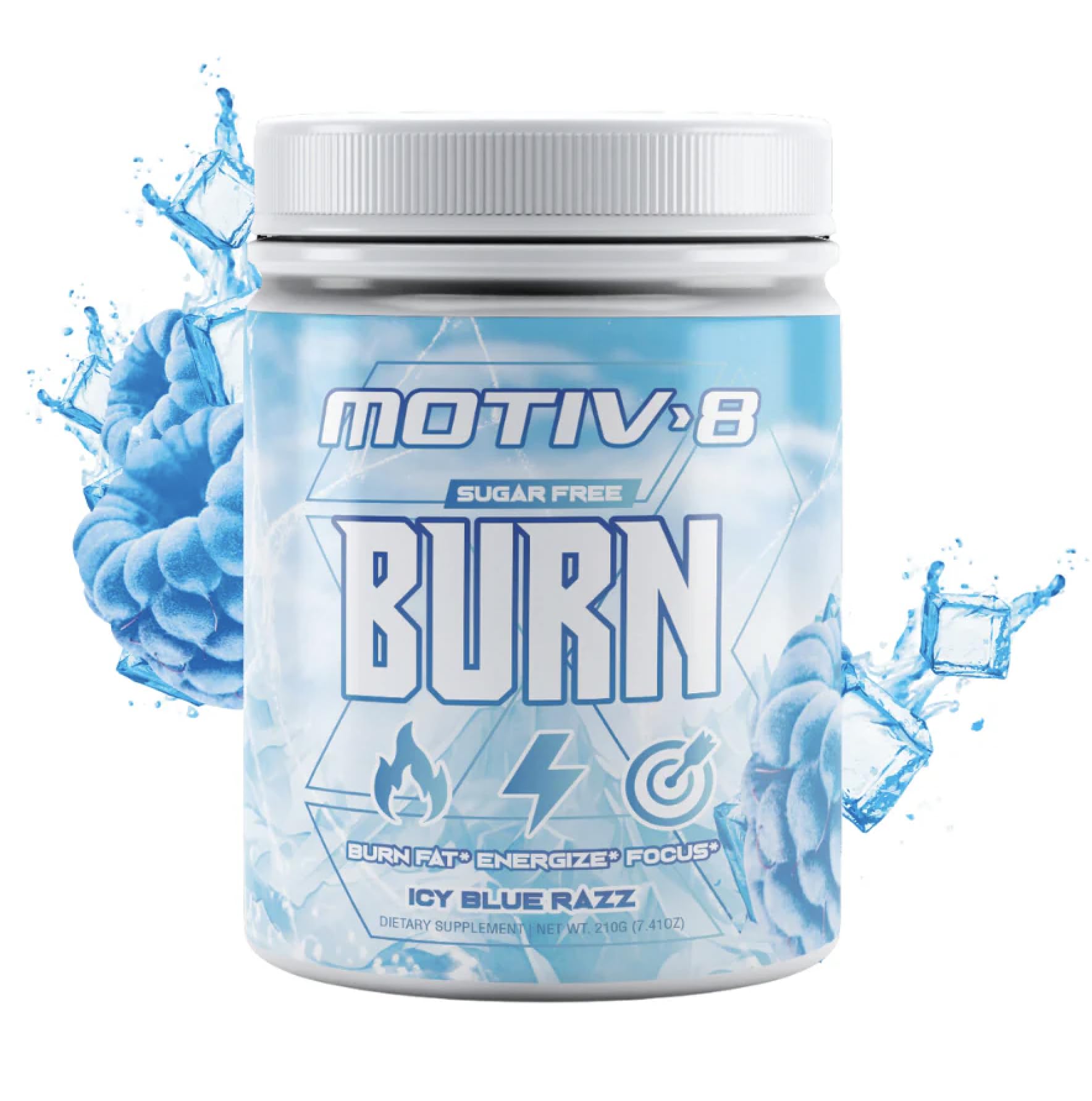 Motiv-8 icy blue razz preworkout bottle shows vibrant color and quick energy boost for workouts.