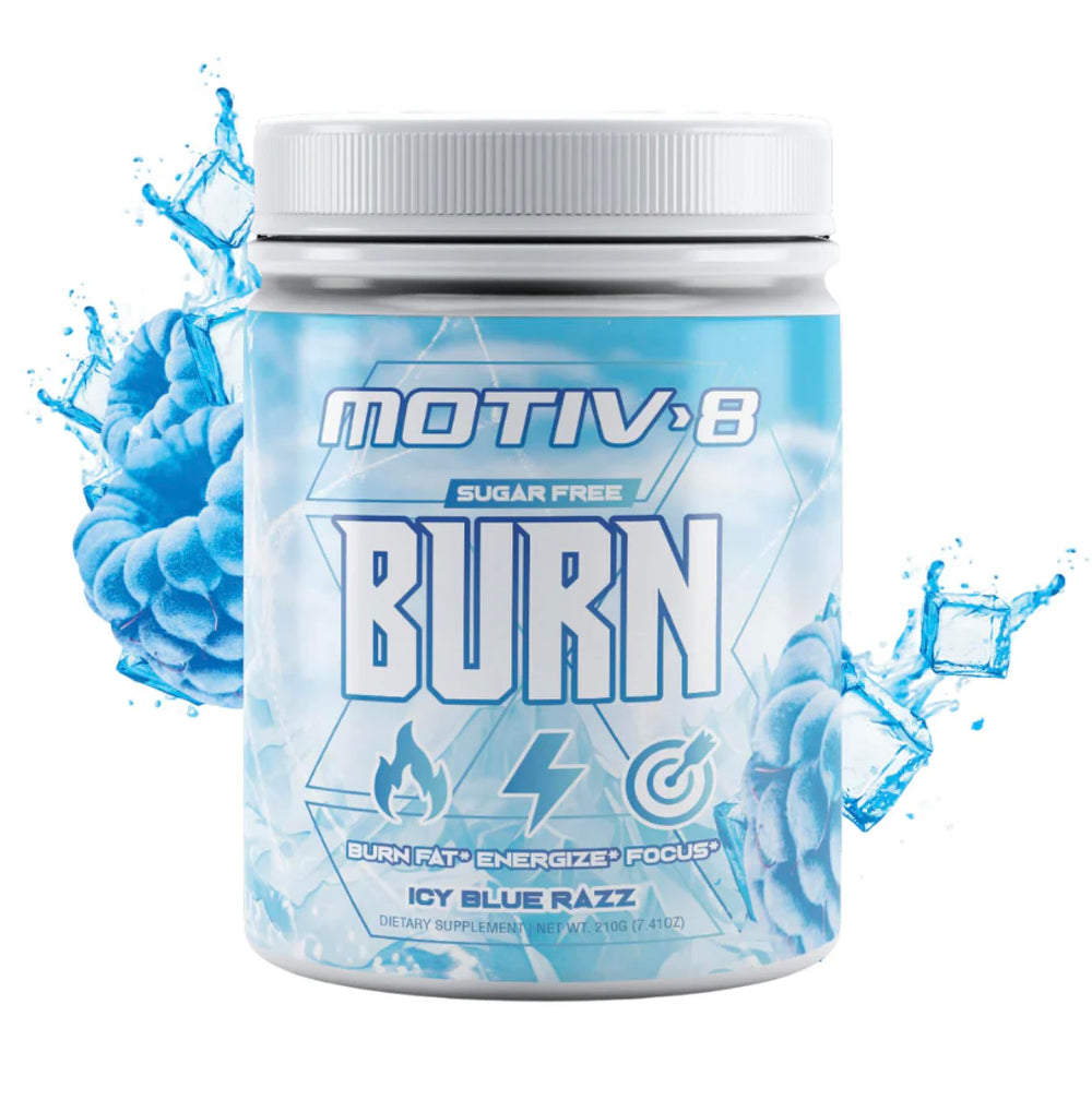 Motiv-8 icy blue razz preworkout bottle shows vibrant color and quick energy boost for workouts.