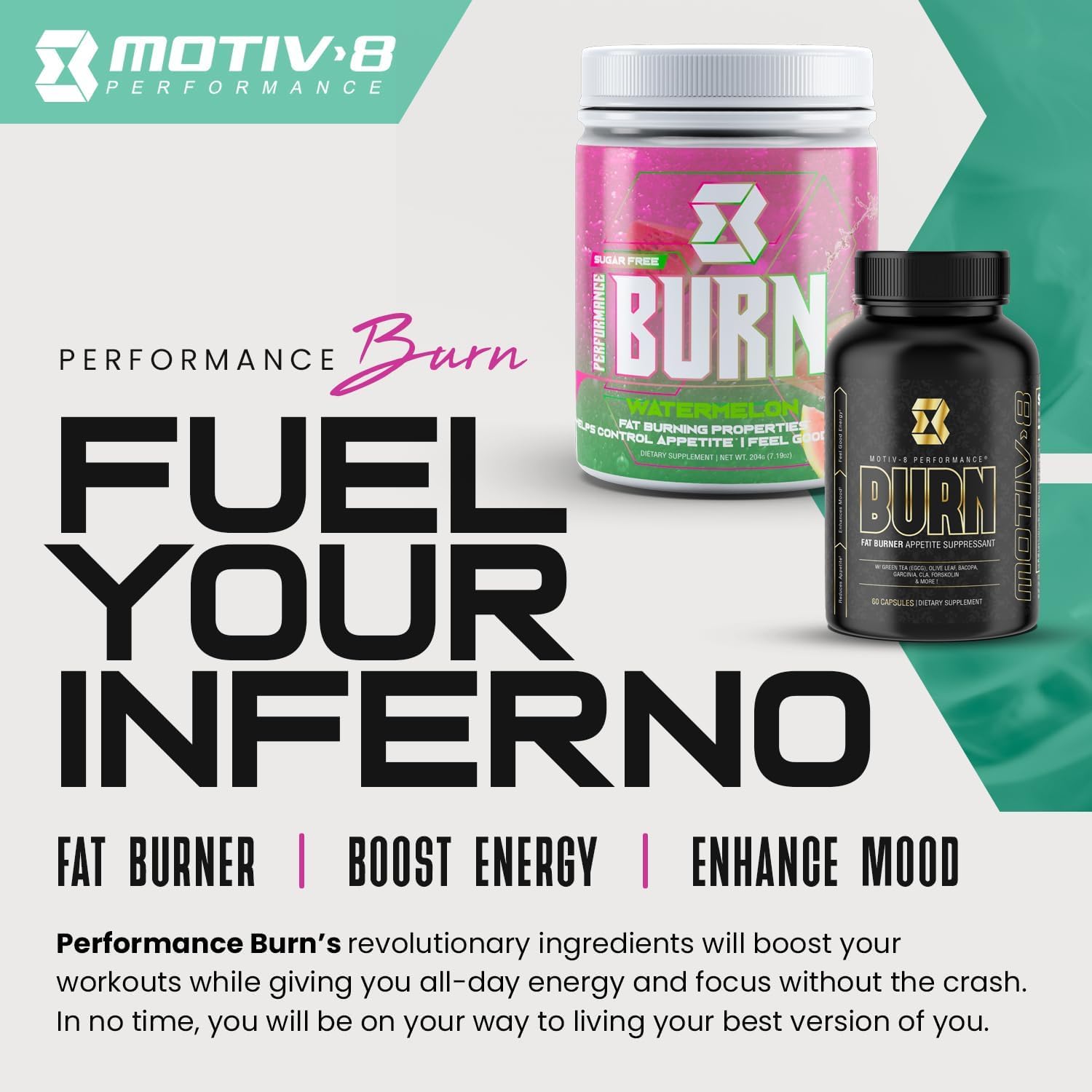 Motiv-8 pre-workout bottle placed on a desk for daytime use