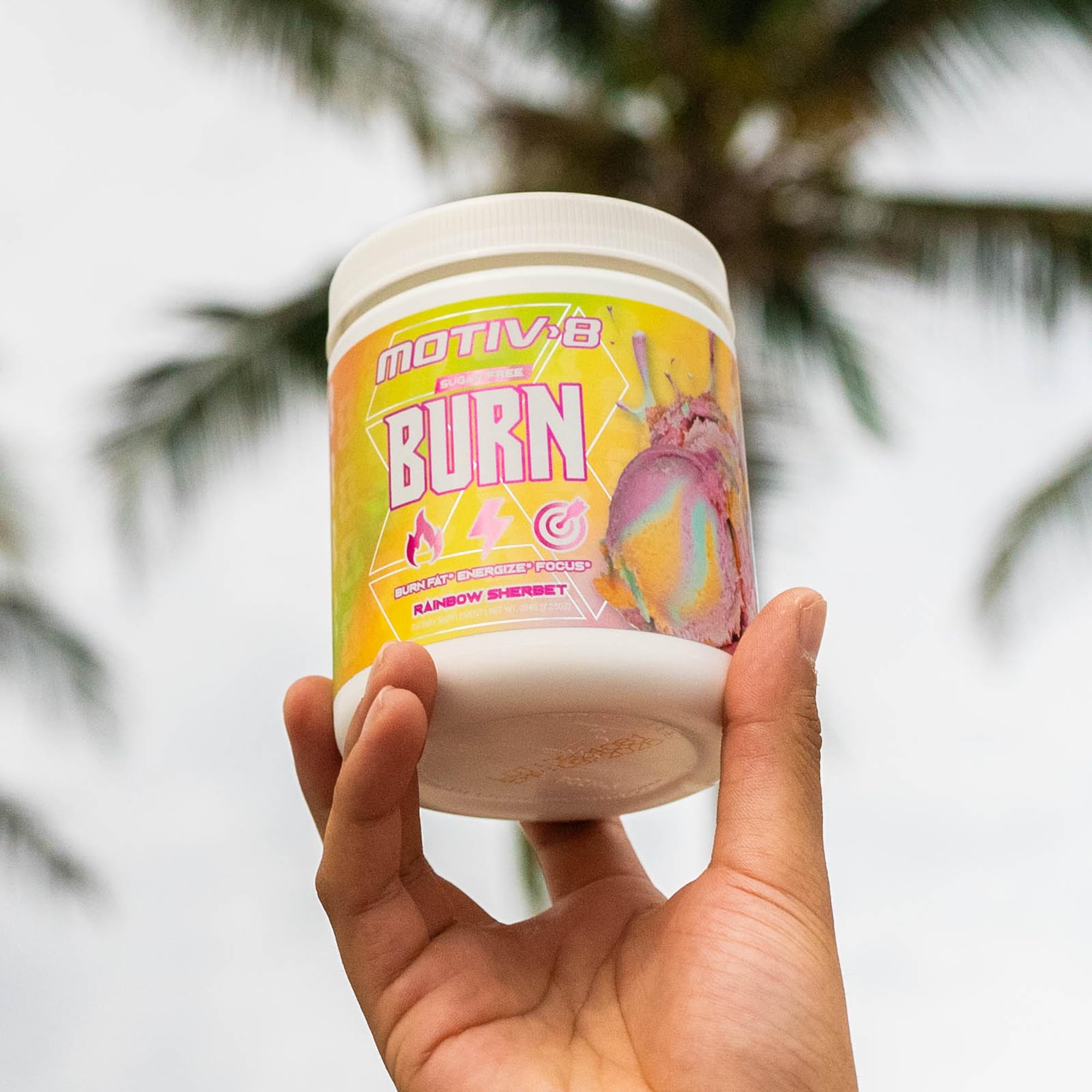 Close-up of Motiv-8 label with bright rainbow sherbet theme