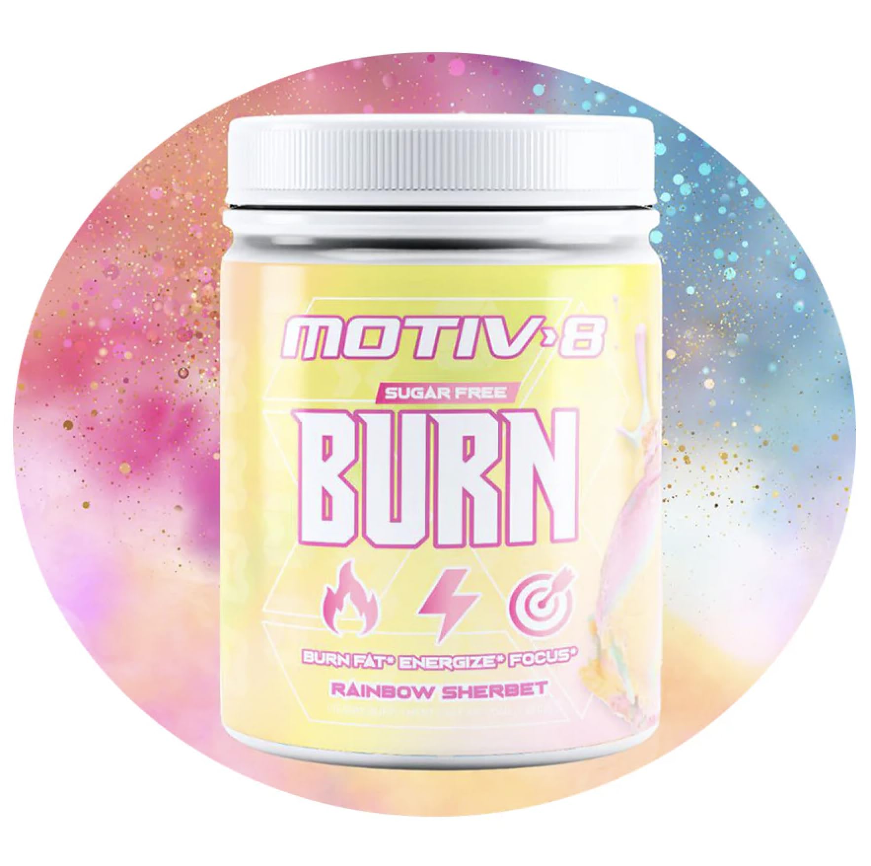 Motiv-8 pre-workout rainbow sherbet bottle showing flavor label for energy boost