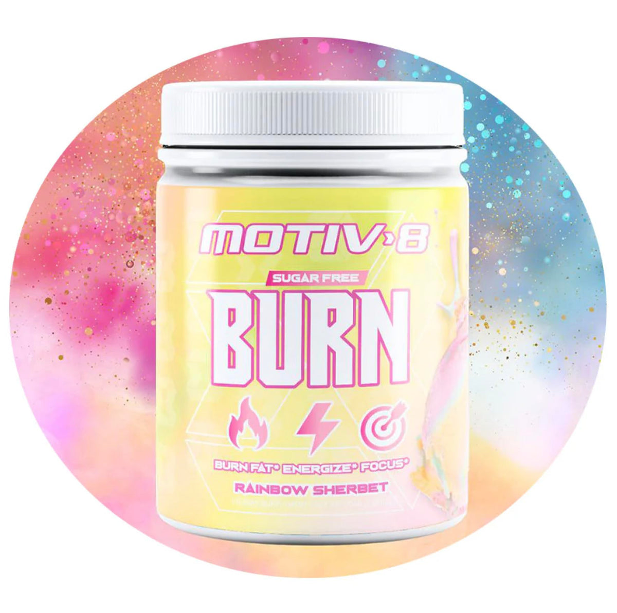 Motiv-8 pre-workout rainbow sherbet bottle showing flavor label for energy boost