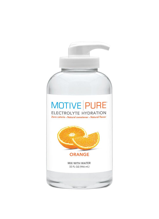 MOTIVE PURE Electrolyte Orange bottle pump for zero-calorie hydration on the go.