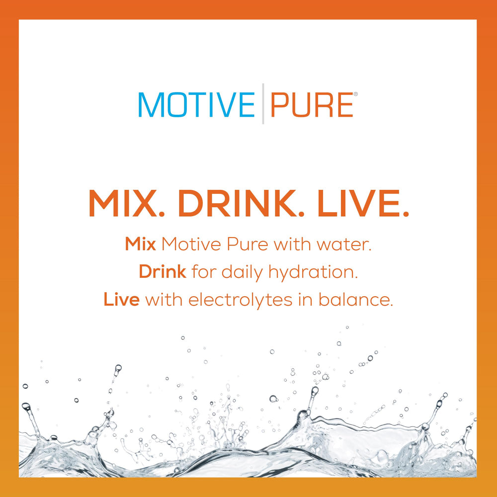 MOTIVE PURE Orange electrolyte liquid close-up highlighting naturally flavored hydration.