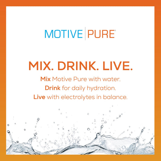 MOTIVE PURE Orange electrolyte liquid close-up highlighting naturally flavored hydration.