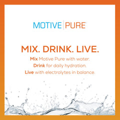 MOTIVE PURE Orange electrolyte liquid close-up highlighting naturally flavored hydration.