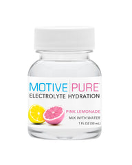 MOTIVE PURE on the go hydration hero shot with pink lemonade