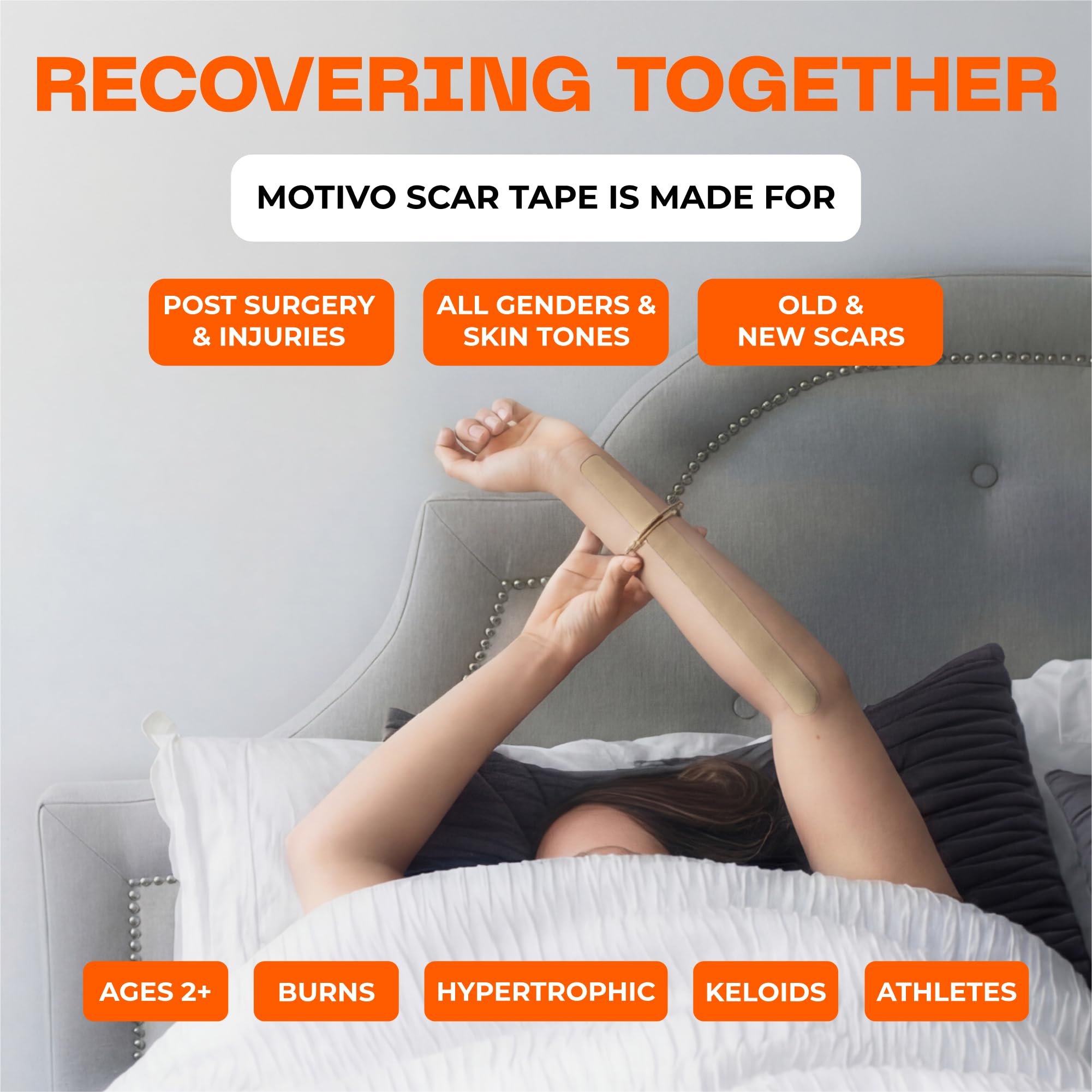 Motivo Scar Tape adhesive strip application close-up showing easy application
