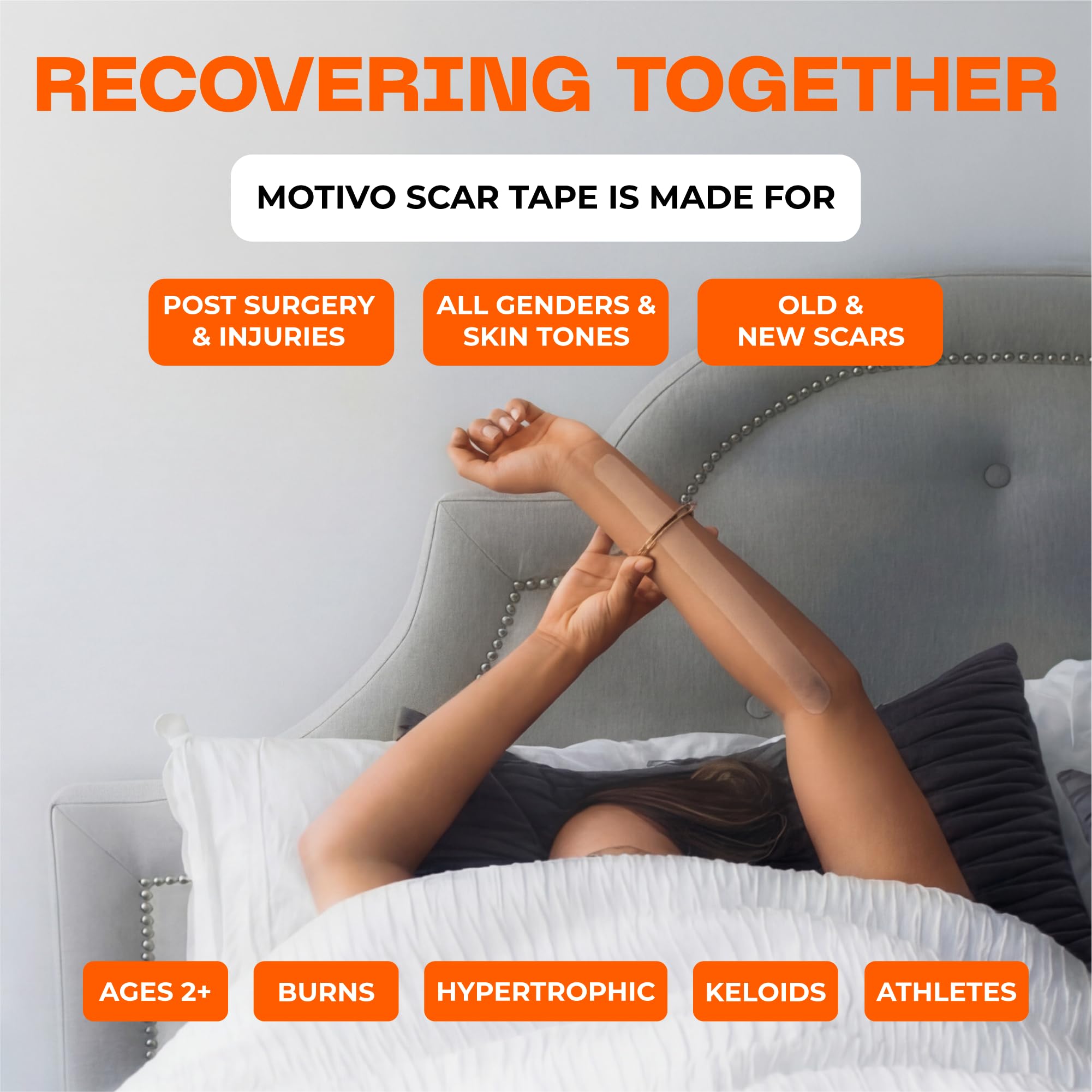 Motivo Scar Tape strip application in tan, easy to apply and long-lasting wear.