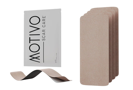 Motivo Scar Tape travel dispenser for on-the-go scar care and easy reapplication.