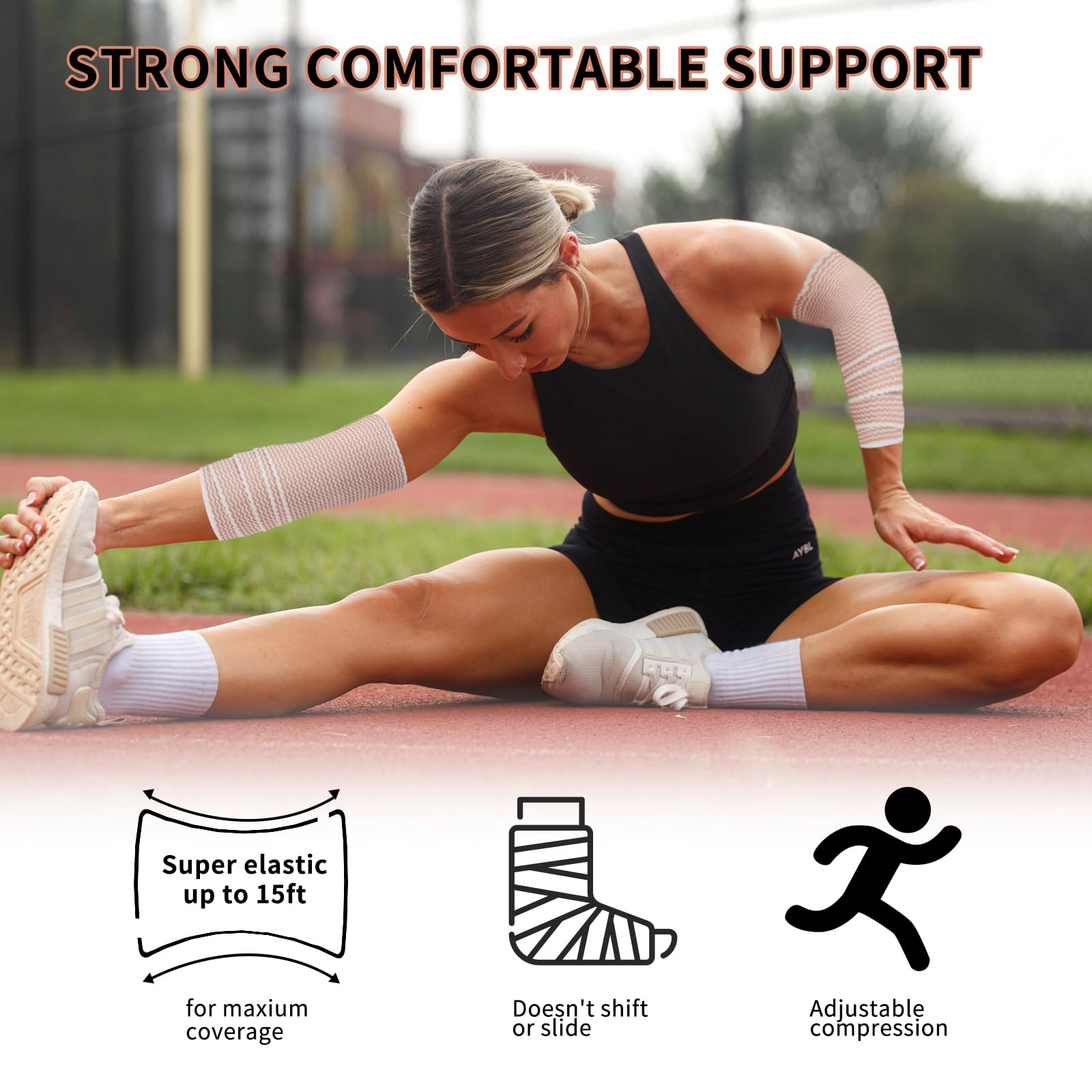 Motroce bandage on knee demonstrates gentle, breathable support during activity.