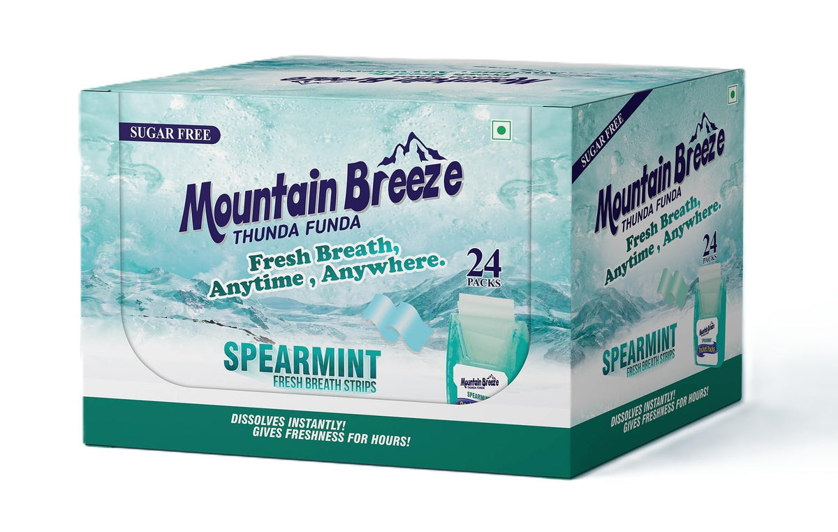 Mountain Breeze breath strips packaging for portable freshness on the go