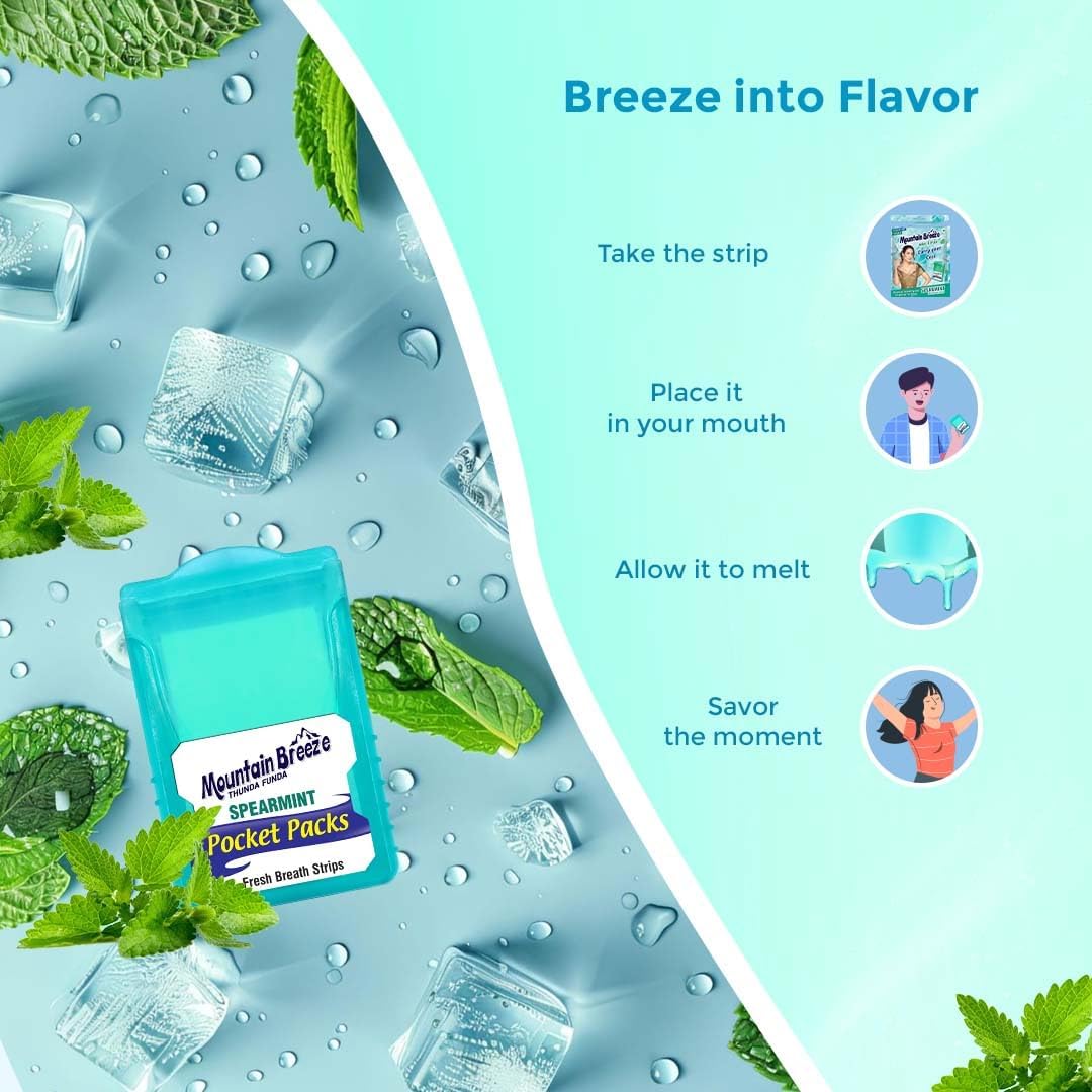 Mountain Breeze mint strip melting on tongue delivering quick refreshment