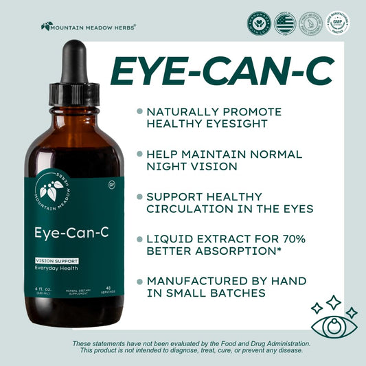 Mountain Meadow Herbs Eye-Can-C bottle pour illustrating easy, convenient liquid intake for busy days.
