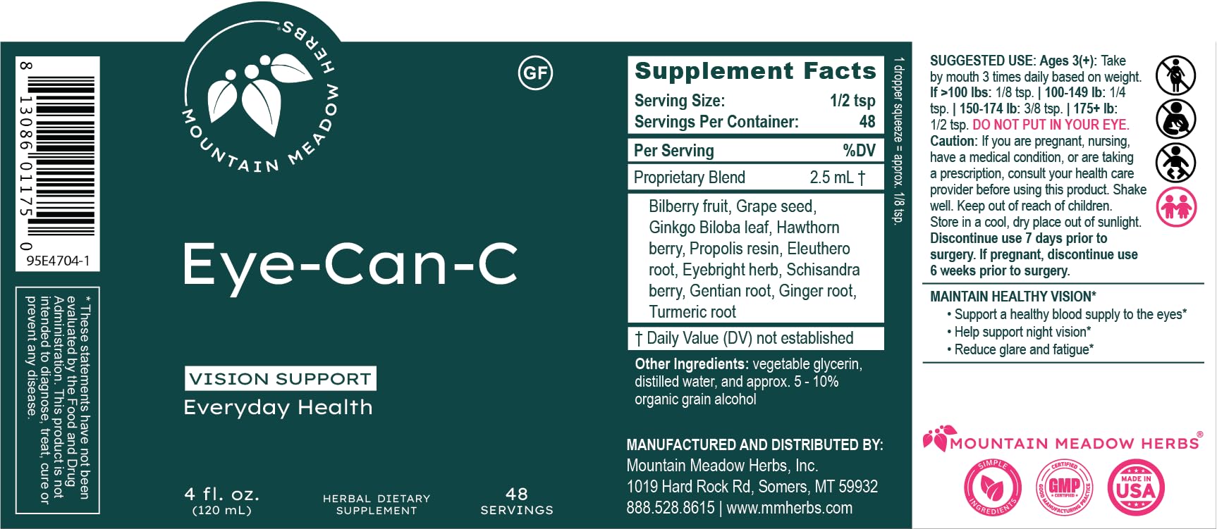 Mountain Meadow Herbs Eye-Can-C ingredients illustration highlighting bilberry and ginkgo benefits.