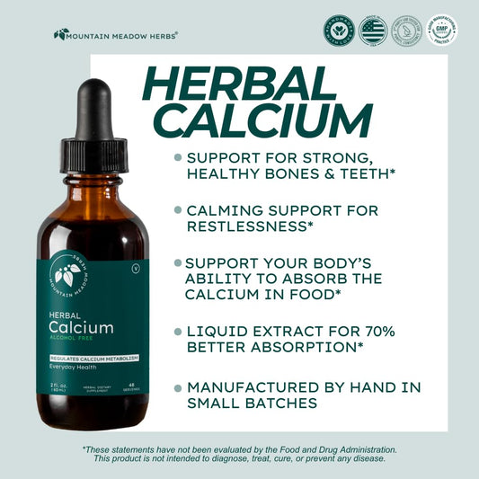 Mountain Meadow Herbs Herbal Calcium dropper-dispense highlights convenient, high-absorption intake.