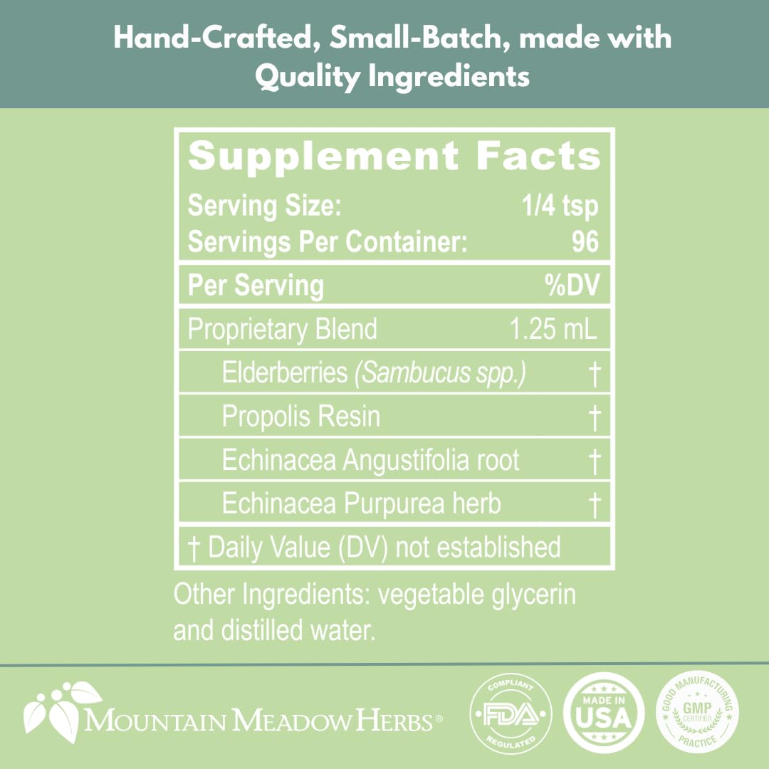 Mountain Meadow Herbs liquid extract amber bottle emphasizing fast-acting immune support.