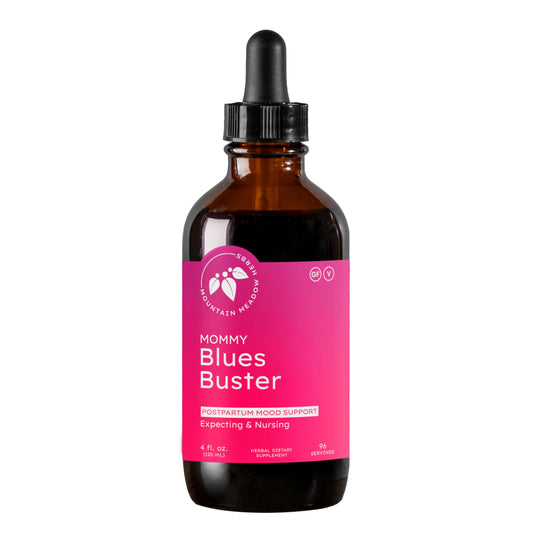 Mountain Meadow Herbs Mommy Blues Buster bottle close-up indicating herbal mood support.