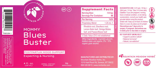 Mountain Meadow Herbs Mommy Blues Buster liquid dropper highlights concentrated herbal extract for quick absorption.